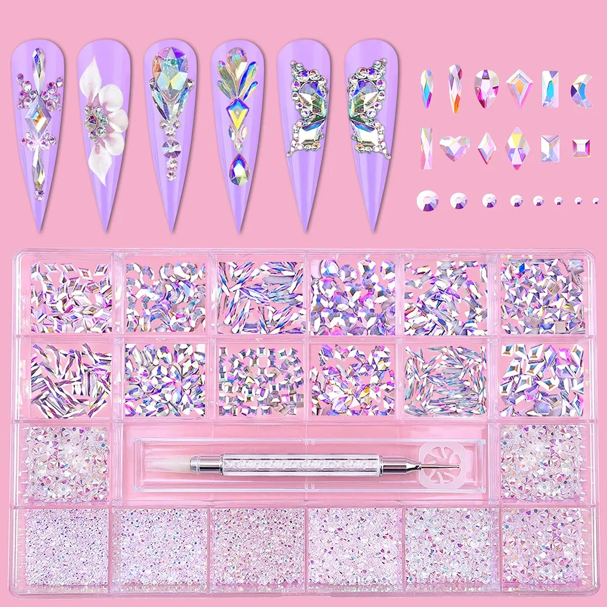 Nail Art AB Crystals Rhinestones Set - 3100pcs lridescent Nail Gems Diamonds Flatback Jewels for Nails Design, 12 Types of 600 Special-Shaped Diamonds   2500 Flat-Bottomed Rhinestones Kit