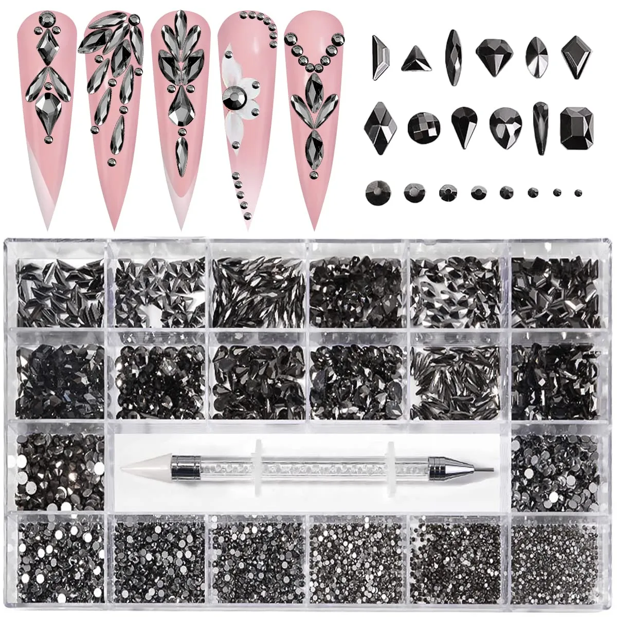 Nail Art AB Crystals Rhinestones Set - 3100pcs lridescent Nail Gems Diamonds Flatback Jewels for Nails Design, 12 Types of 600 Special-Shaped Diamonds   2500 Flat-Bottomed Rhinestones Kit