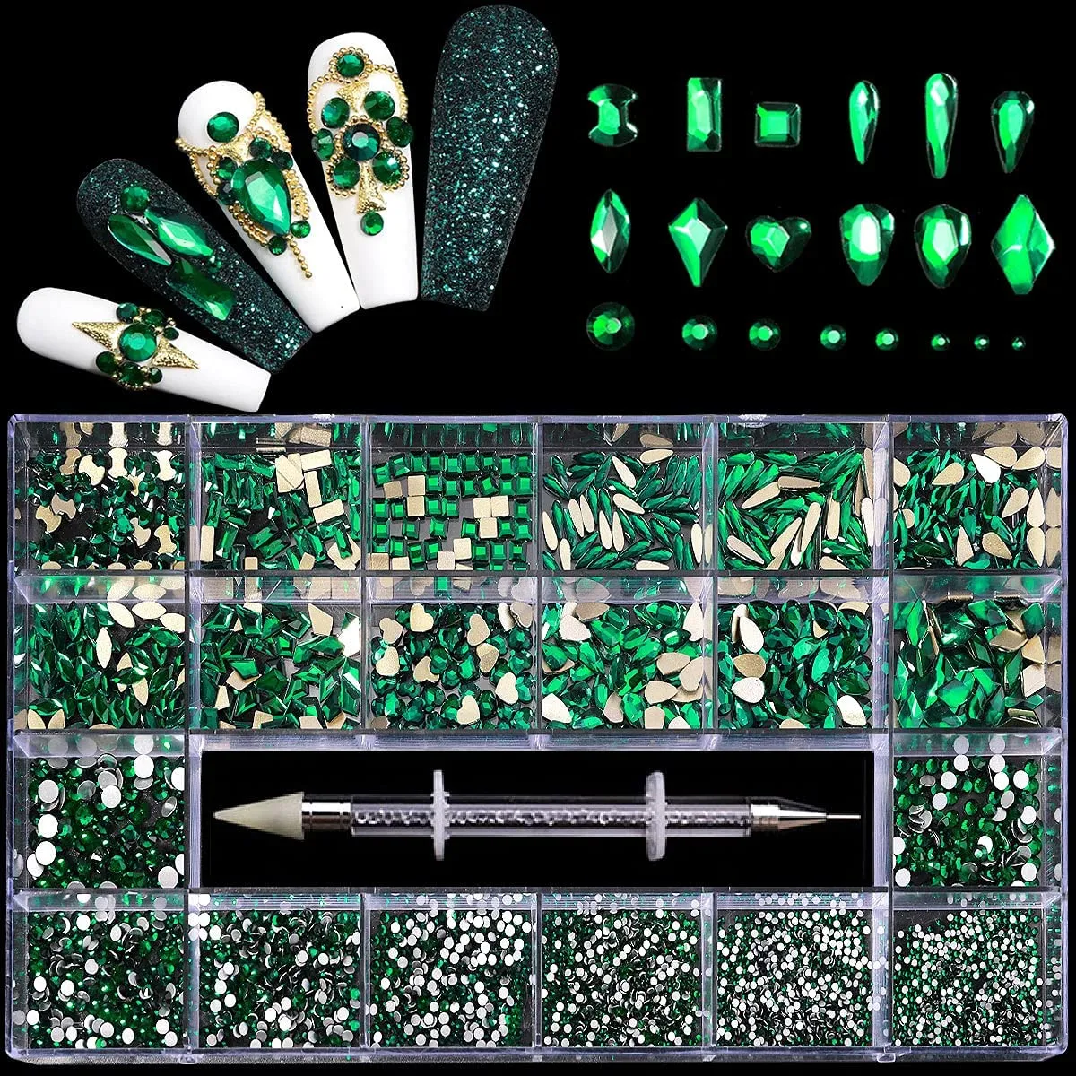 Nail Art AB Crystals Rhinestones Set - 3100pcs lridescent Nail Gems Diamonds Flatback Jewels for Nails Design, 12 Types of 600 Special-Shaped Diamonds   2500 Flat-Bottomed Rhinestones Kit