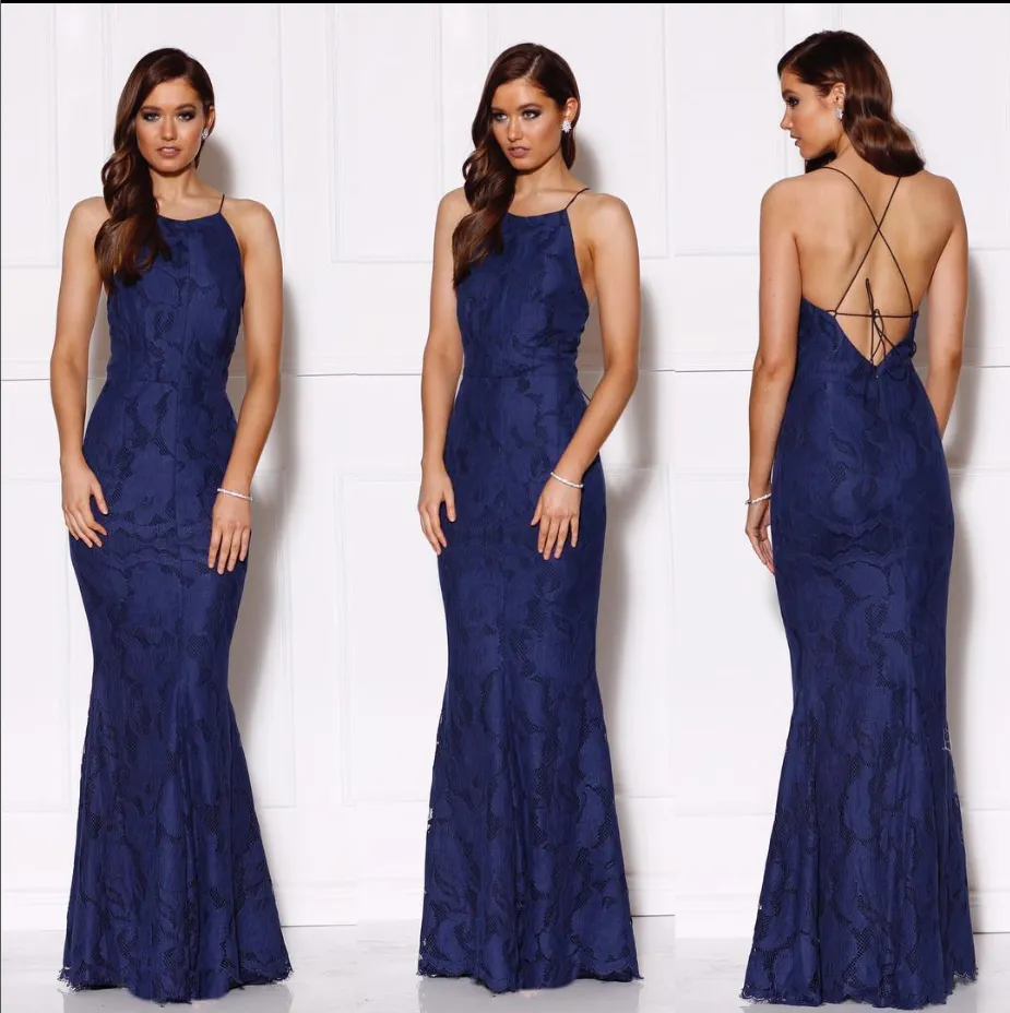 Navy Sexy Lace Halter Sleeveless Open Back Mermaid Prom Dresses,SFPD0181