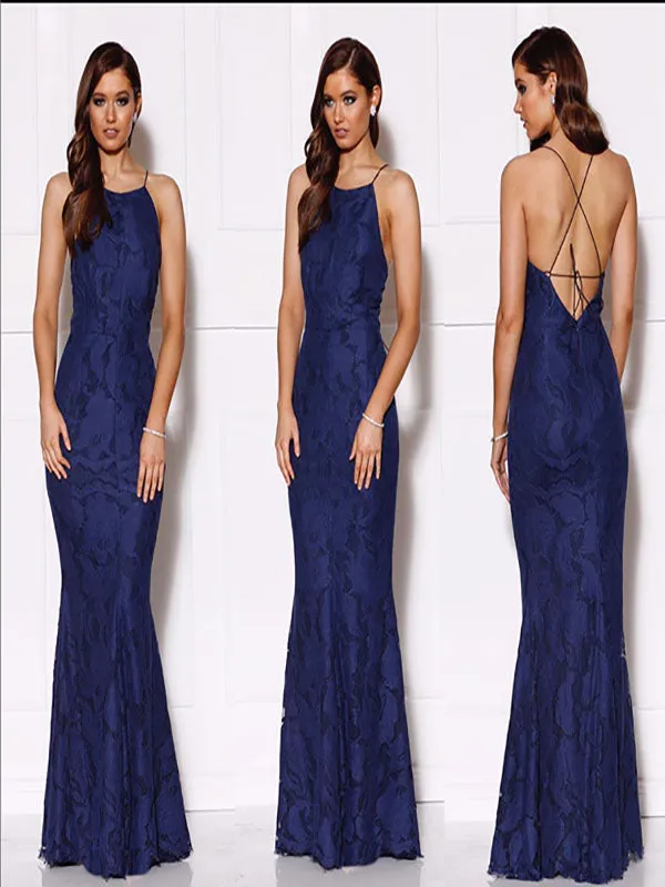 Navy Sexy Lace Halter Sleeveless Open Back Mermaid Prom Dresses,SFPD0181
