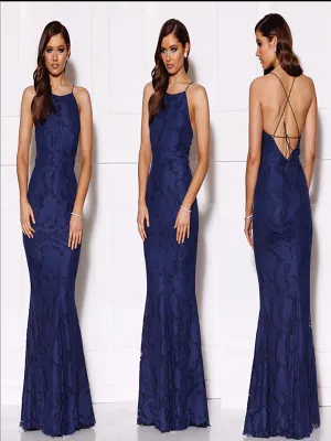 Navy Sexy Lace Halter Sleeveless Open Back Mermaid Prom Dresses,SFPD0181