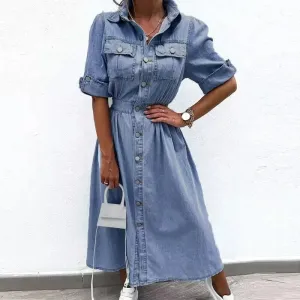New Fashion Elastic Waist Lapel Jean Dress Casual Midi Dress w/ Pockets Elegant Single Breasted Solid Denim Dress