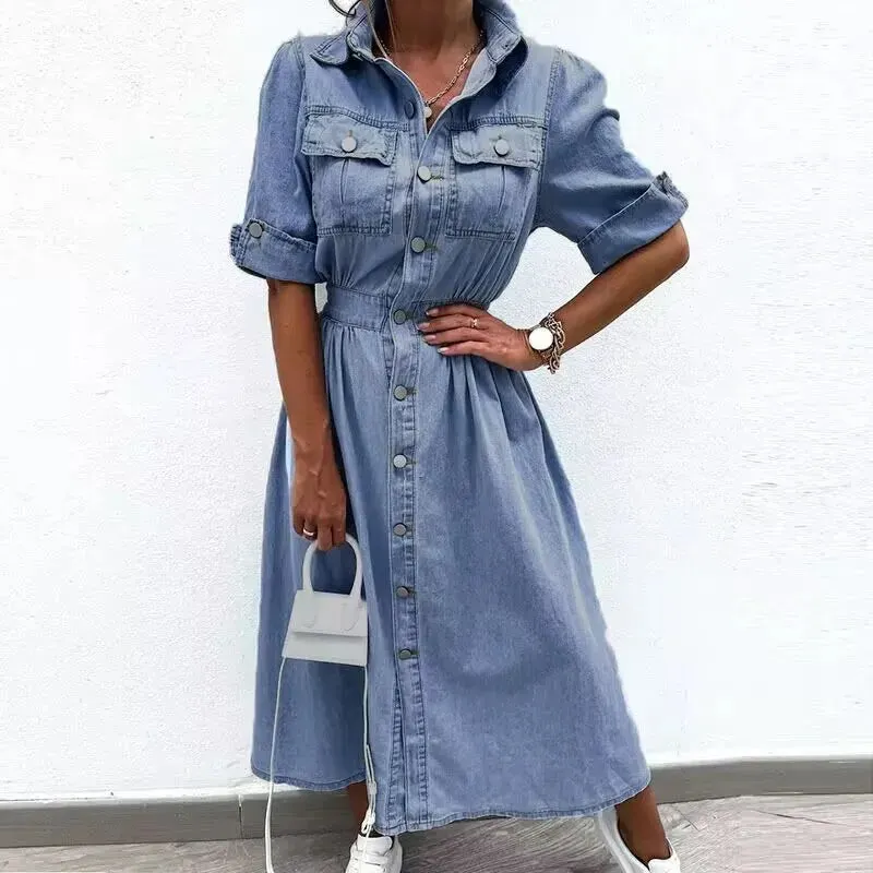 New Fashion Elastic Waist Lapel Jean Dress Casual Midi Dress w/ Pockets Elegant Single Breasted Solid Denim Dress