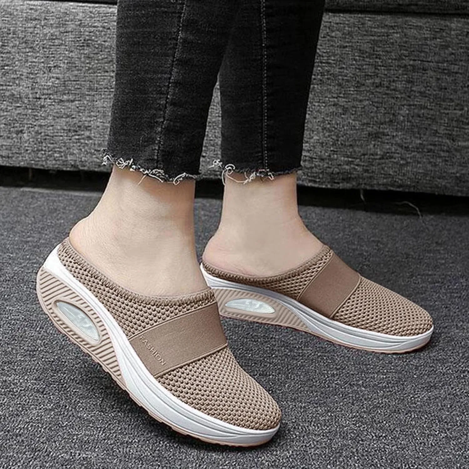 NEW Women's Breathable Mesh Slip on Slides, Garden Shoes Soft Rubber Arch Support Comfortable Casual Walking Wedge Shoes (Khaki, Sz 8.5)