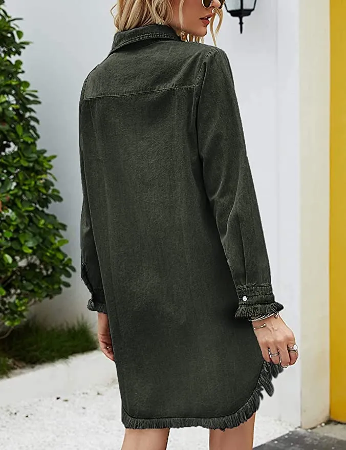 New Zilocremo Women's Long Sleeve Button Down Jean Dress/Tunic Top in Army Green, Sz L! To achieve same look as pic order 1-2 sizes up from your regular size!