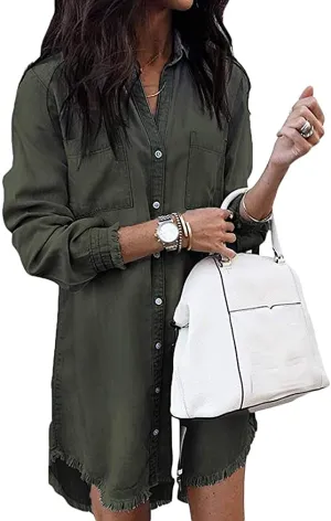 New Zilocremo Women's Long Sleeve Button Down Jean Dress/Tunic Top in Army Green, Sz L! To achieve same look as pic order 1-2 sizes up from your regular size!