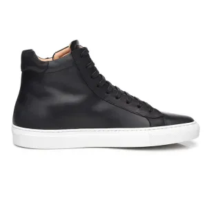 Premium Black Leather High Top Lace Up Sneakers with White Sole - Sneaker Shoes