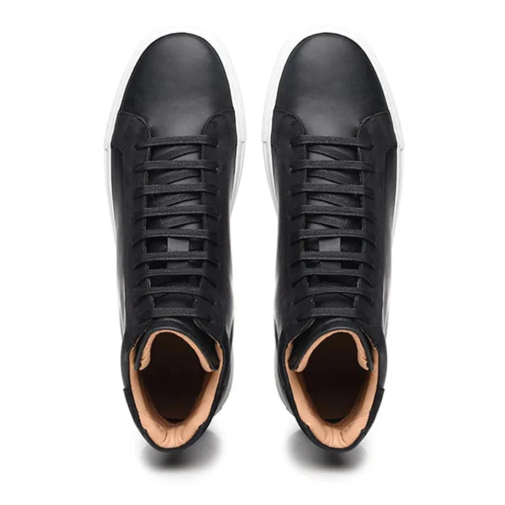 Premium Black Leather High Top Lace Up Sneakers with White Sole - Sneaker Shoes