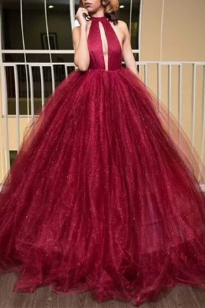 Princess Ball Gown High Neck Backless Burgundy Tulle Long Prom Dresses OK604