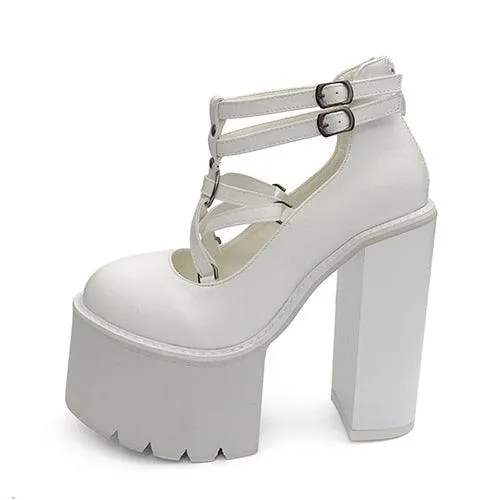 Pumps High Heels Zipper Rubber Sole Black Platform Shoes