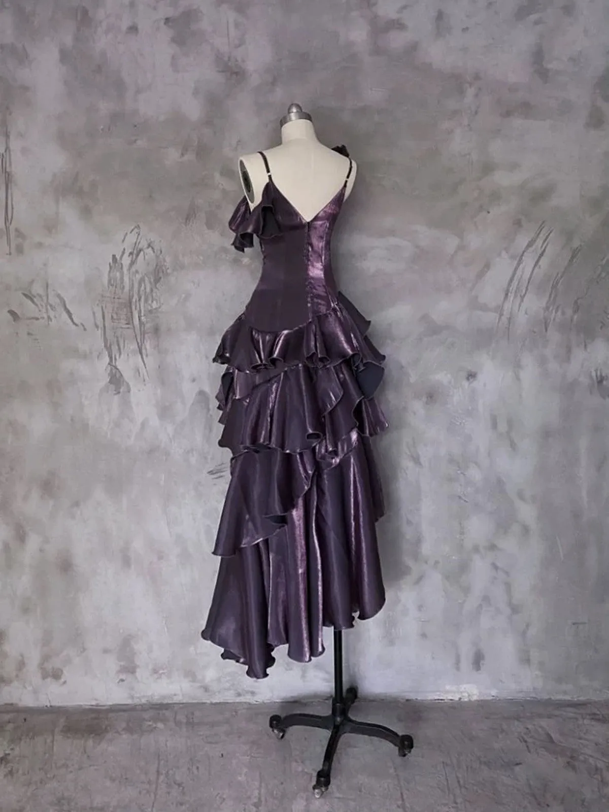 Purple High Low Straps Satin Long Party Dress, Purple Satin Homecoming Dress