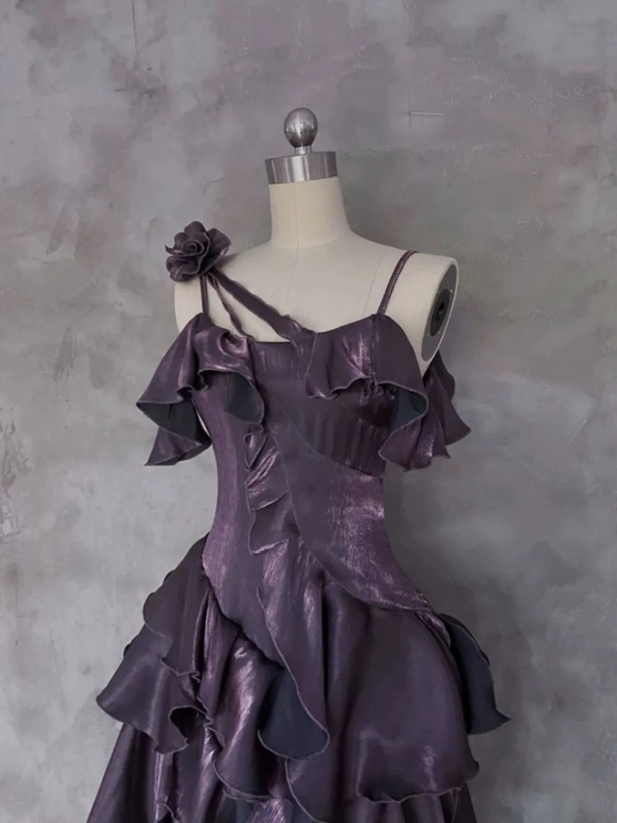 Purple High Low Straps Satin Long Party Dress, Purple Satin Homecoming Dress