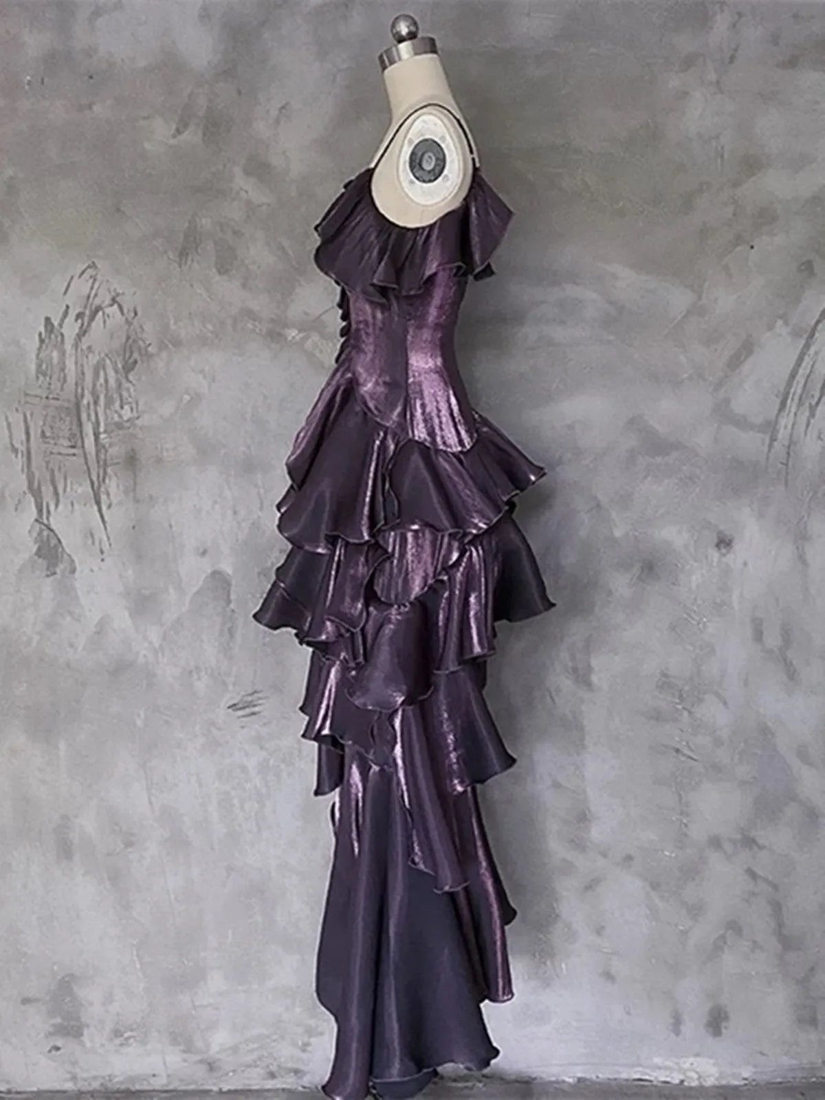 Purple High Low Straps Satin Long Party Dress, Purple Satin Homecoming Dress