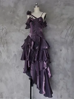 Purple High Low Straps Satin Long Party Dress, Purple Satin Homecoming Dress