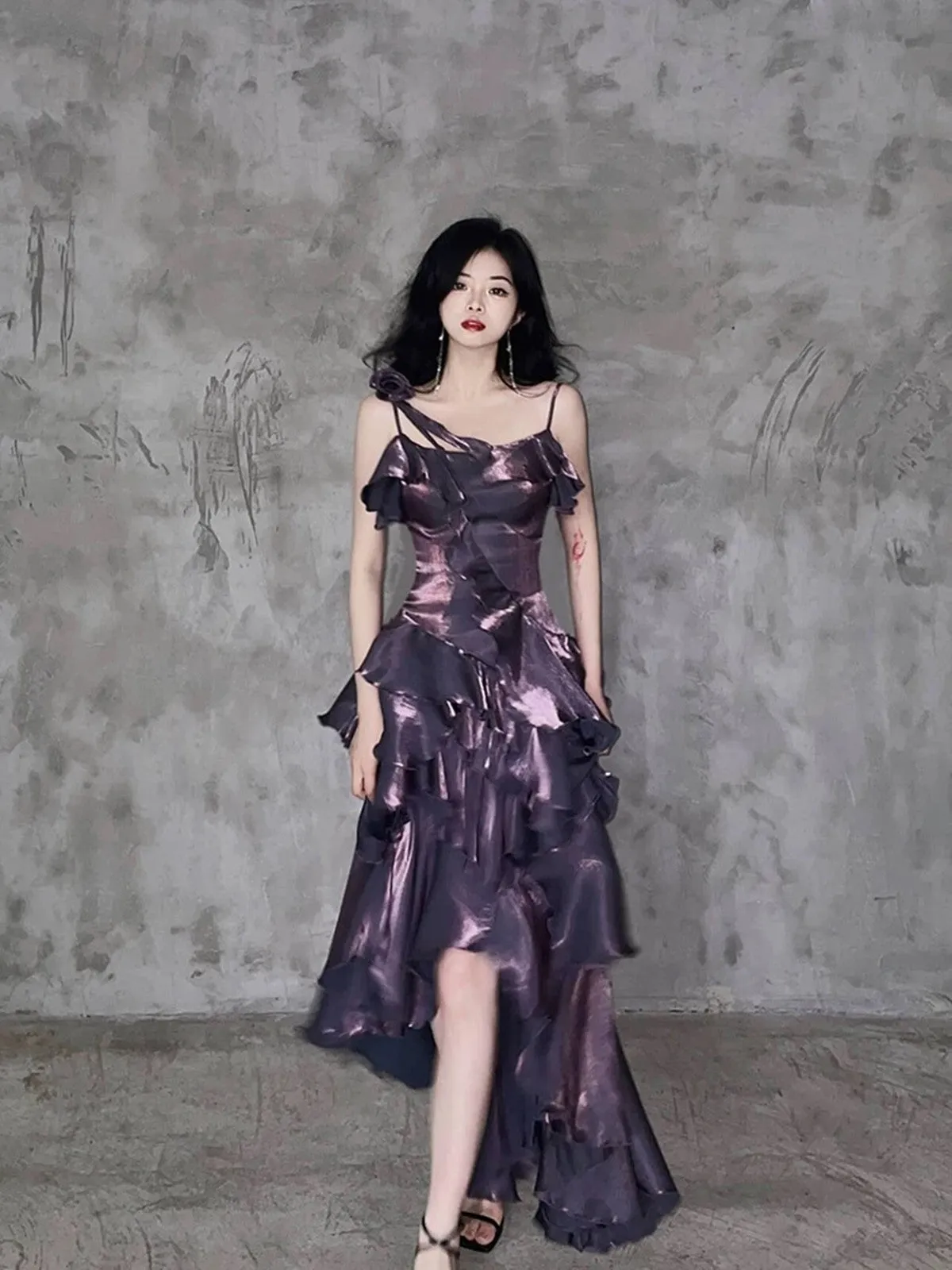 Purple High Low Straps Satin Long Party Dress, Purple Satin Homecoming Dress
