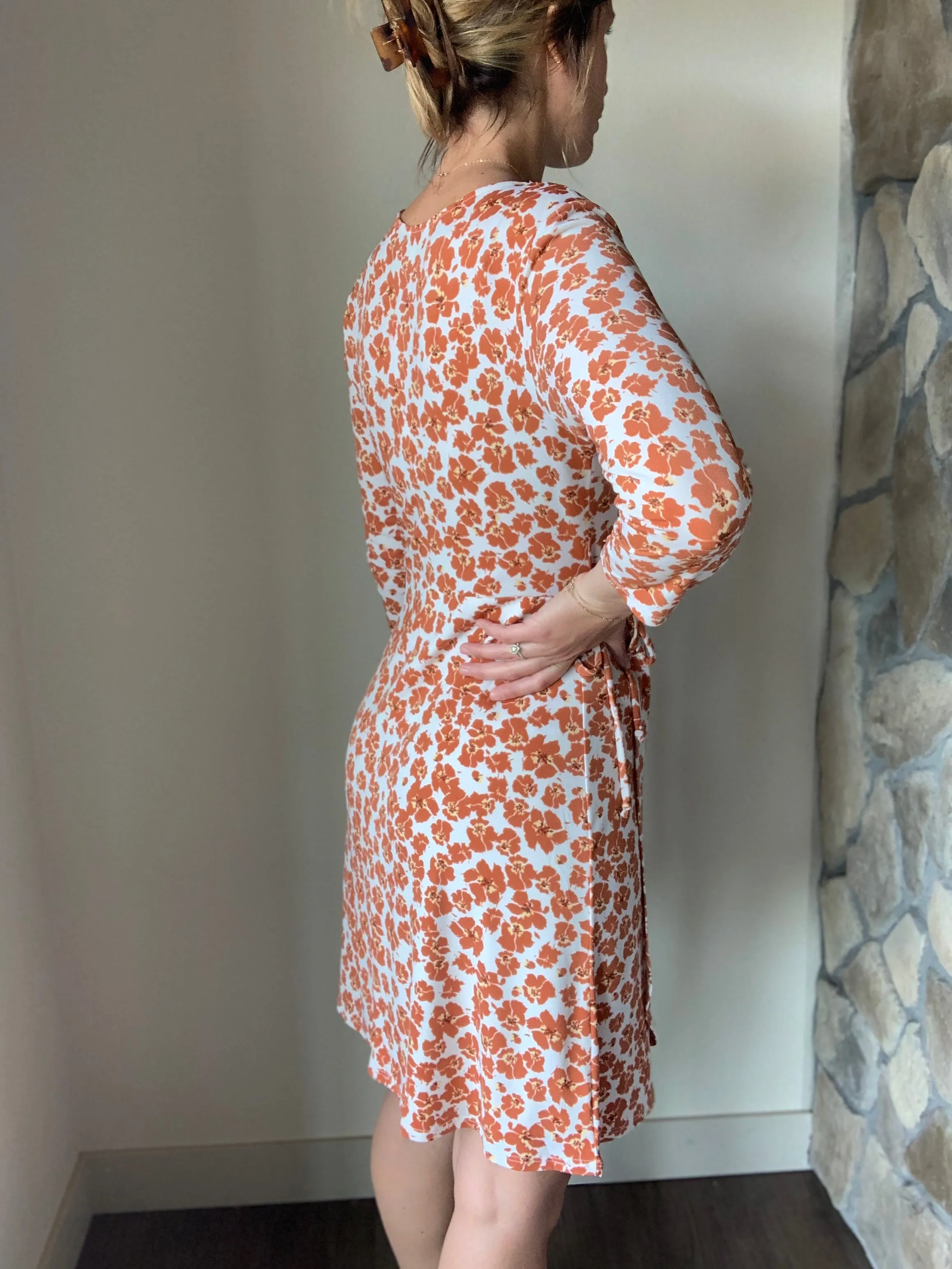 rust floral wrap dress
