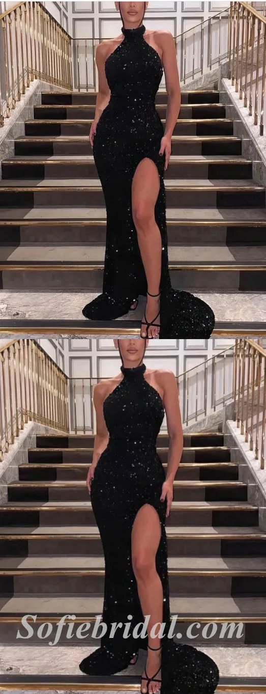 Sexy Black Sequin High Neck Sleeveless Side Slit Mermaid Long Prom Dresses,SFPD0395