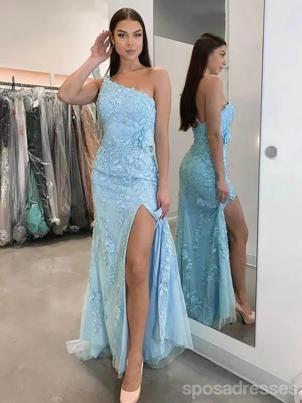 Sexy Blue Sheath One Shoulder High Slit Long Prom Dresses Online,12674