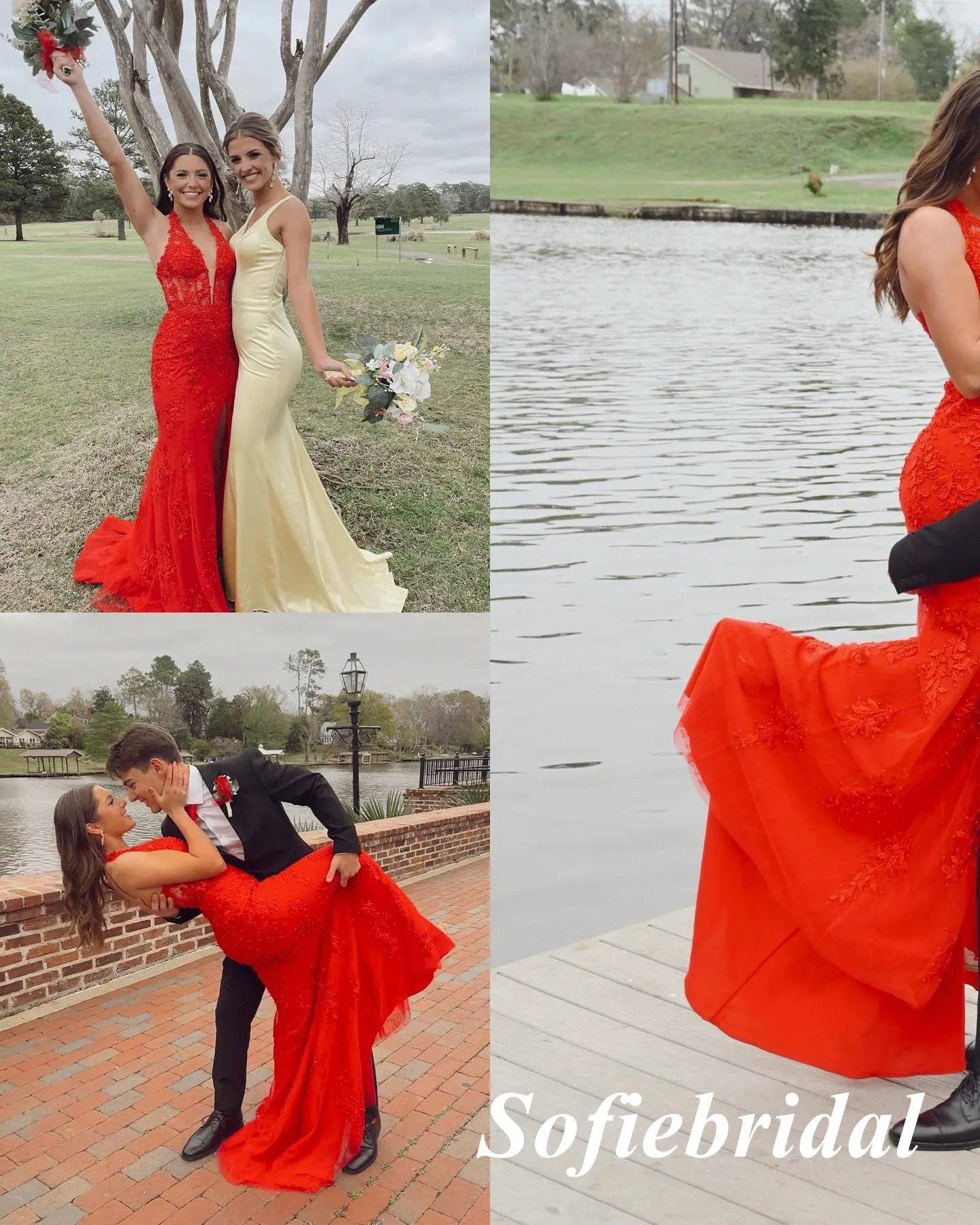 Sexy Red Lace And Tulle Halter V-Neck Sleeveless Mermaid Long Prom Dresses, PD0999
