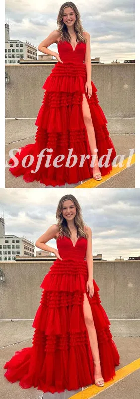 Sexy Red Tulle Spaghetti Straps V-Neck Side Slit A-Line Long Prom Dresses, PD0845
