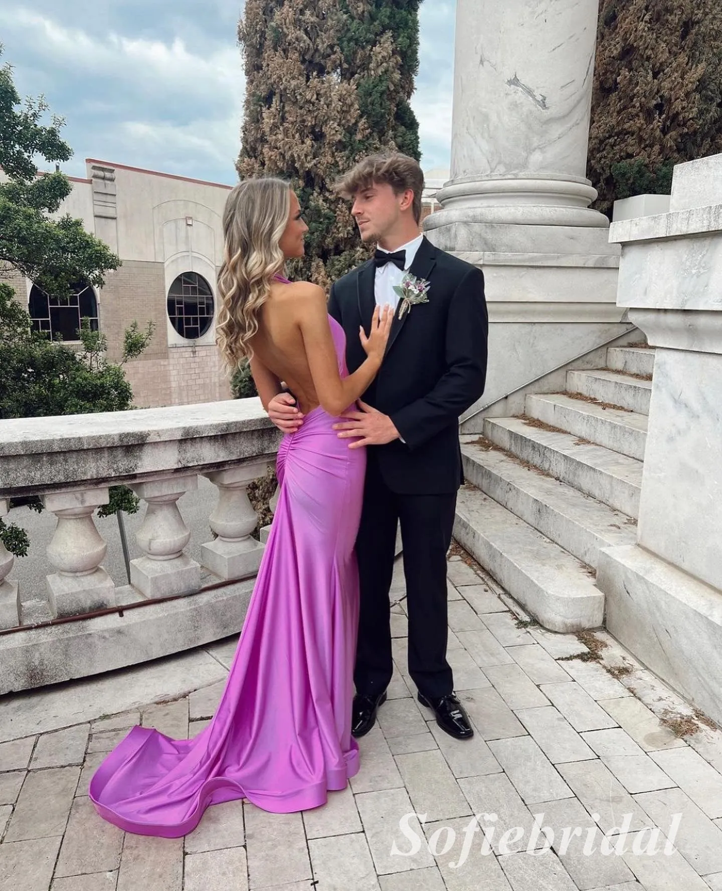 Sexy Satin Halter V-Neck Sleeveless Mermaid Long Prom Dresses, PD0906