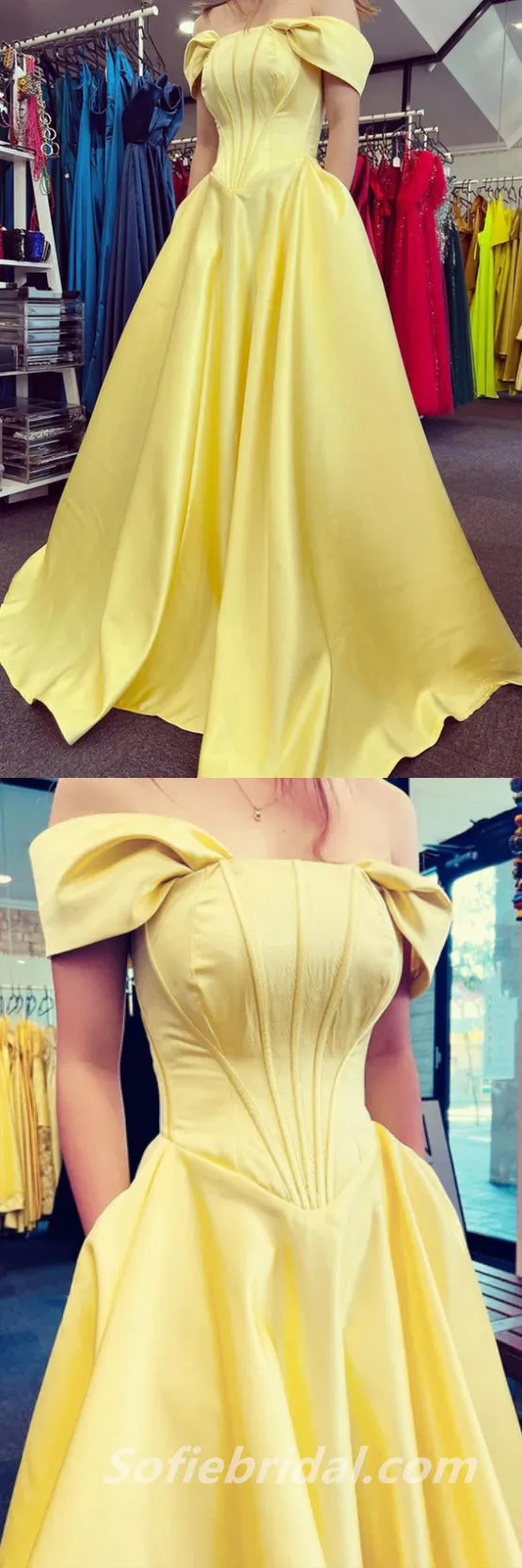 Sexy Satin Off Shoulder Sleeveless A-Line Long Prom Dresses/Graduation Dresses With Pockets,SFPD0325