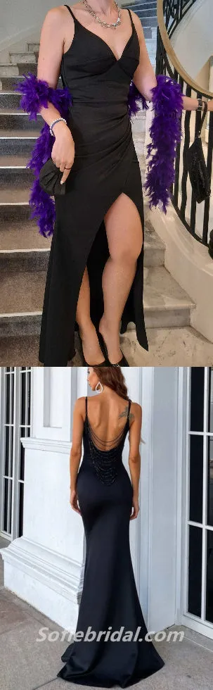 Sexy Satin Spaghetti Straps V-Neck Open Back Mermaid Long Prom Dresses,SFPD0276
