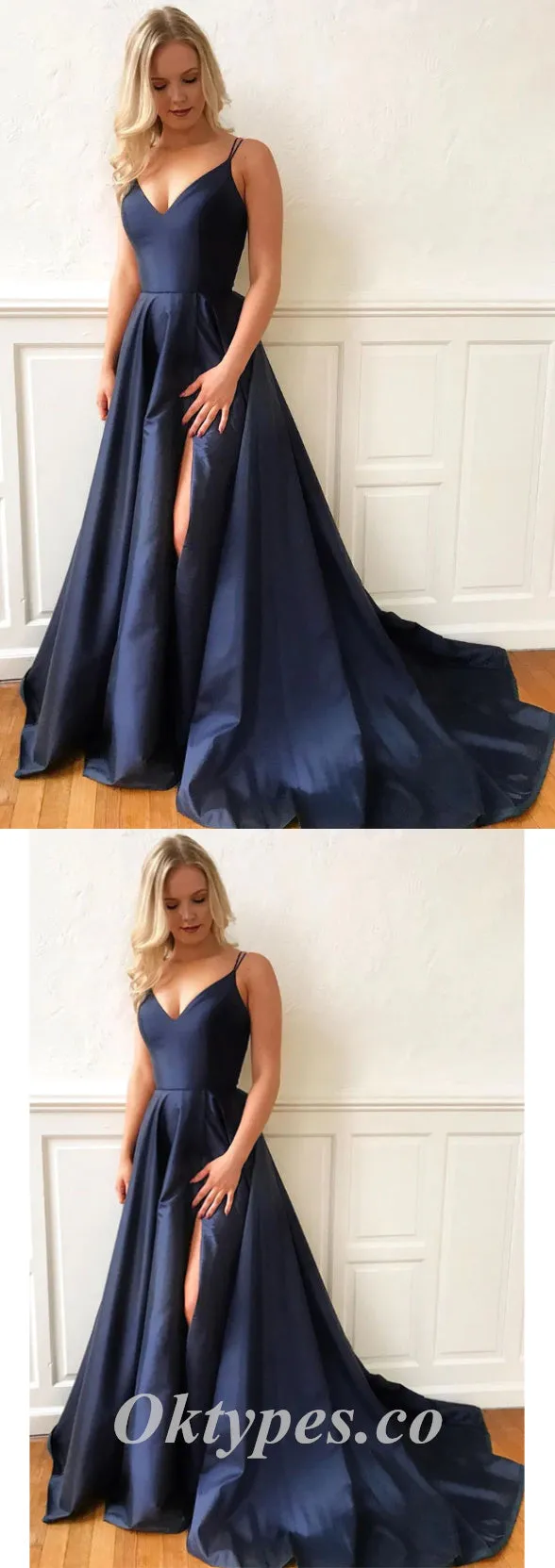 Sexy Satin Spaghetti Straps V-Neck Sleeveless Side Slit A-Line Long Prom Dresses,SFPD0506