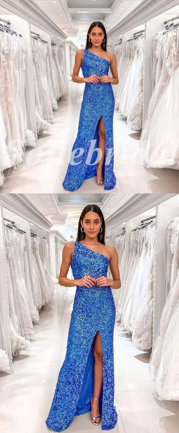 Sexy Sequin One Shoulder Side Slit Mermaid Long Prom Dresses,PD0761