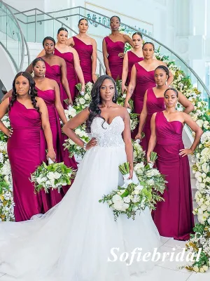 Sexy Soft Satin One Shoulder Sleeveless Mermaid Floor Length Bridesmaid Dresses With Trailing, SFWG00509