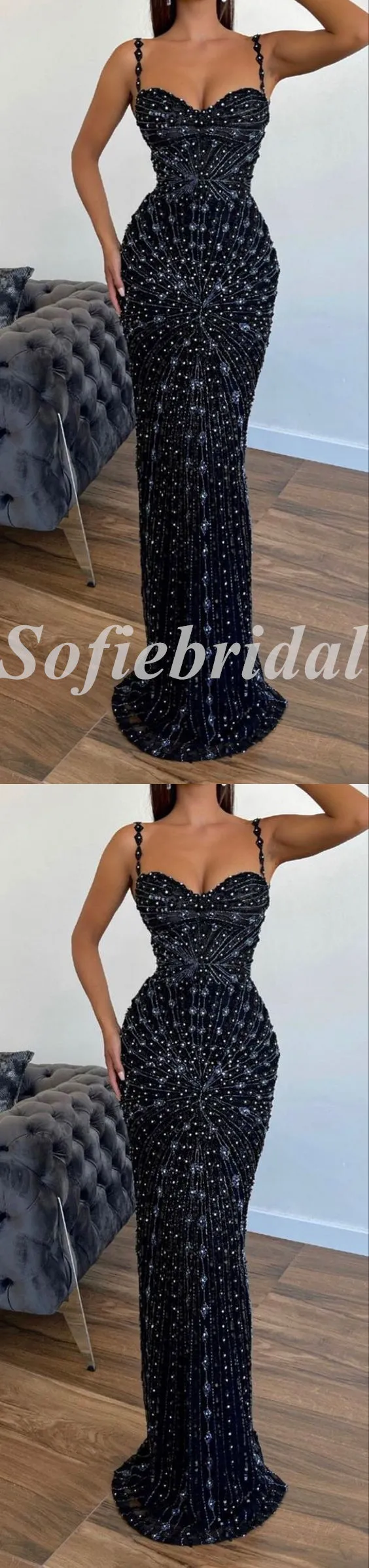 Sexy Special Fabric Spaghetti Straps V-Neck Sleeveless Mermaid Long Prom Dresses With Beading,SFPD0731