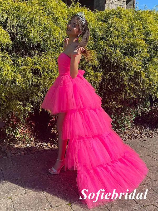 Sexy Sweetheart Gummy Pink Tulle Sleeveless High Low A-Line Floor Length Prom Dress, PD01090