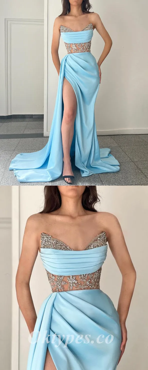Sexy Sweetheart Satin Tulle Sleeveless Side Slit Mermaid Long Prom Dresses/Evening Dresses,SFPD0361