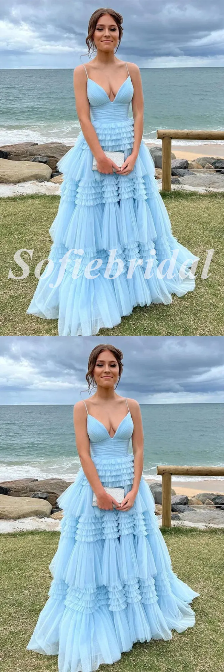 Sexy Tulle Spaghetti Straps V-Neck A-Line Long Prom Dresses, PD0848