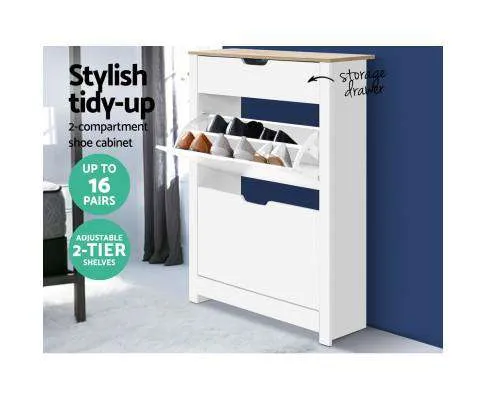 Shoe Cabinet Rack Storage Organiser Cupboard Shelf Drawer 16 Pairs White