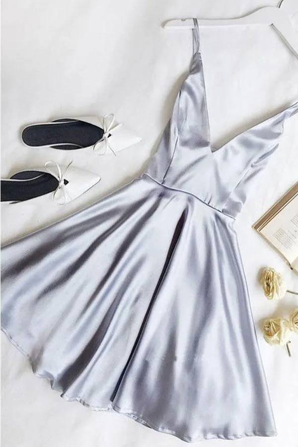 Simple A Line V Neck Light Blue Satin Homecoming Dresses with Pockets HD0068