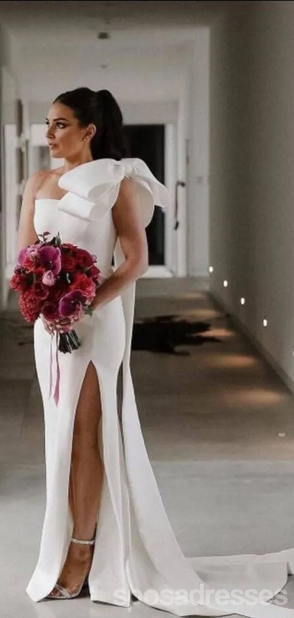 Simple White Mermaid One Shoulder High Slit Cheap Bridesmaid Dresses Online,WG1267