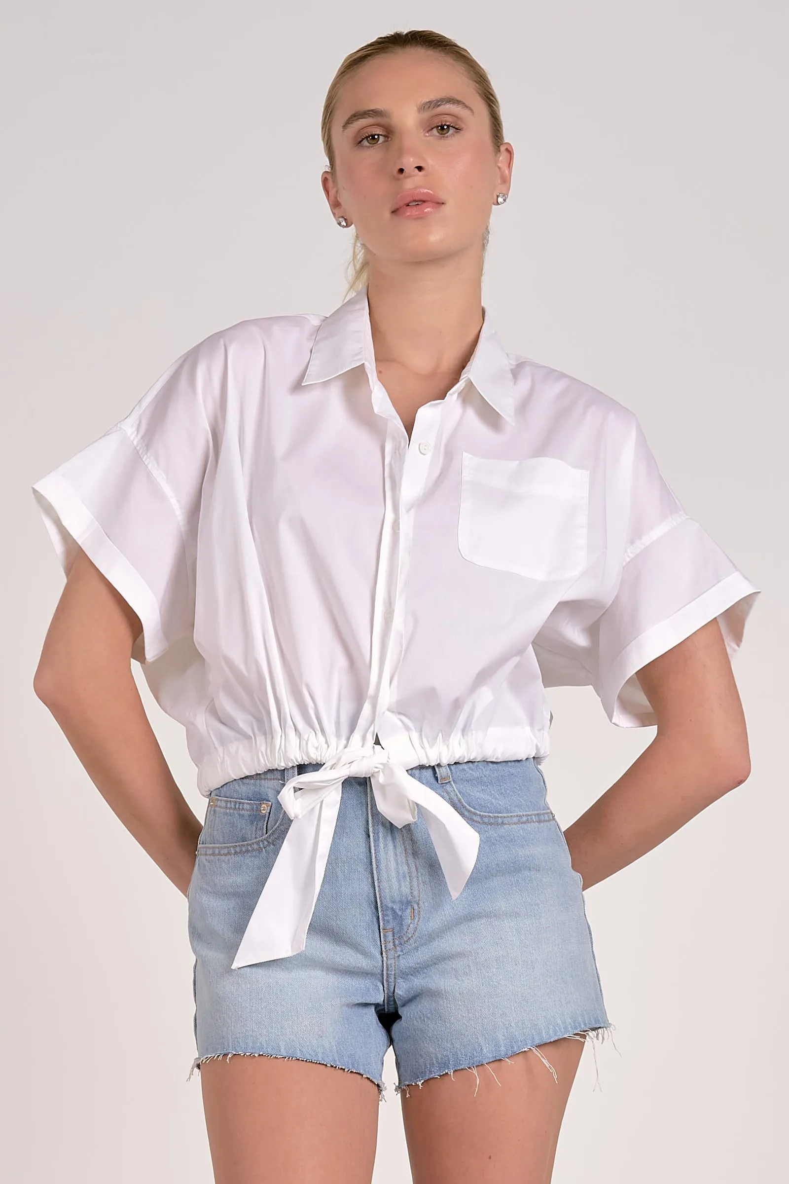 The Tori Short Sleeve Button Down Tie Hem Top