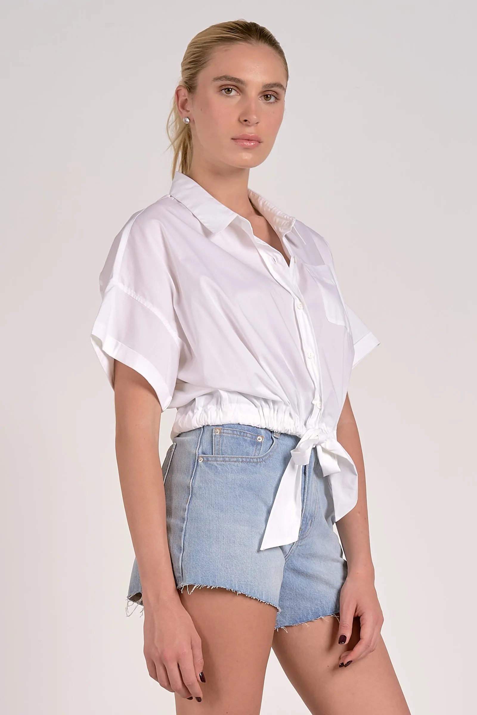 The Tori Short Sleeve Button Down Tie Hem Top