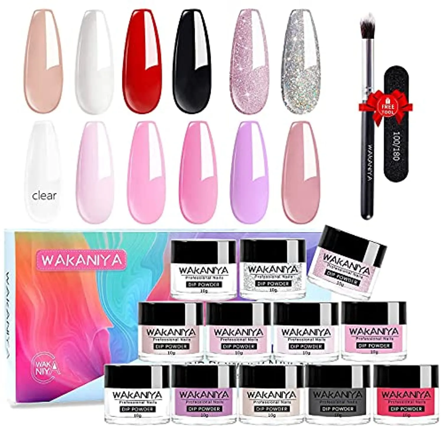 wakaniya Nail Dip Powder Kit-43Pcs Dipping Powder Kit Starter Set Glitter and Sparkle Nail Powders with Liquid Set and Nail Tools