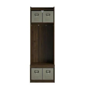 Walnut Locker Coat Rack Entryway Hall Tree with 4 Storage Cubes