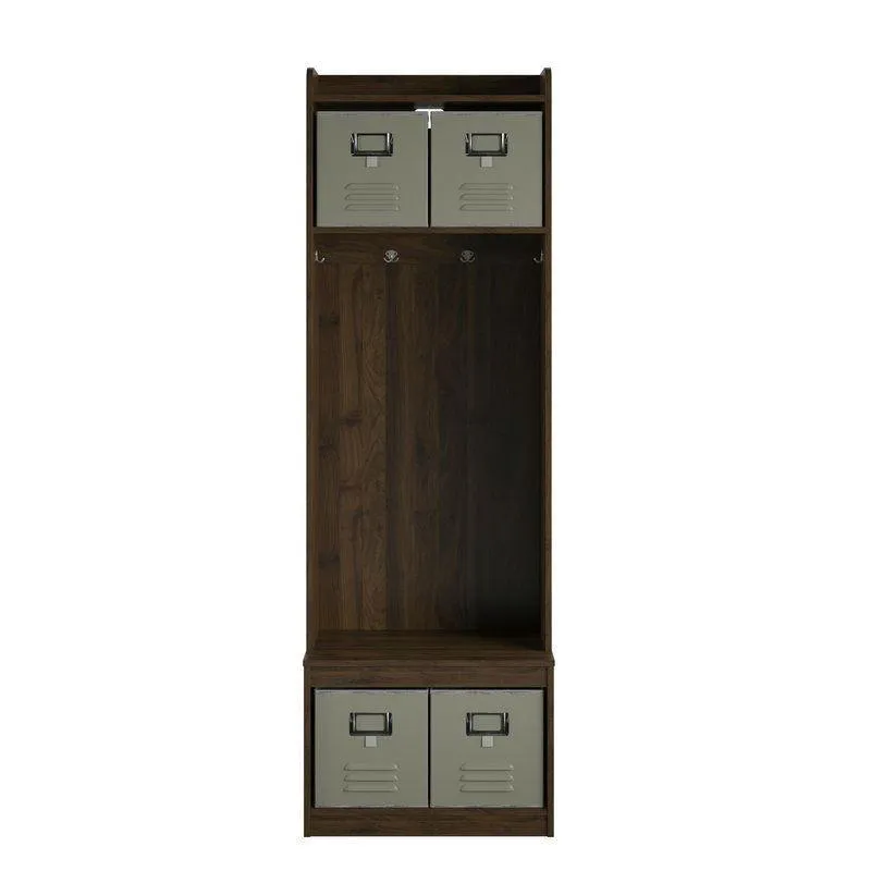 Walnut Locker Coat Rack Entryway Hall Tree with 4 Storage Cubes