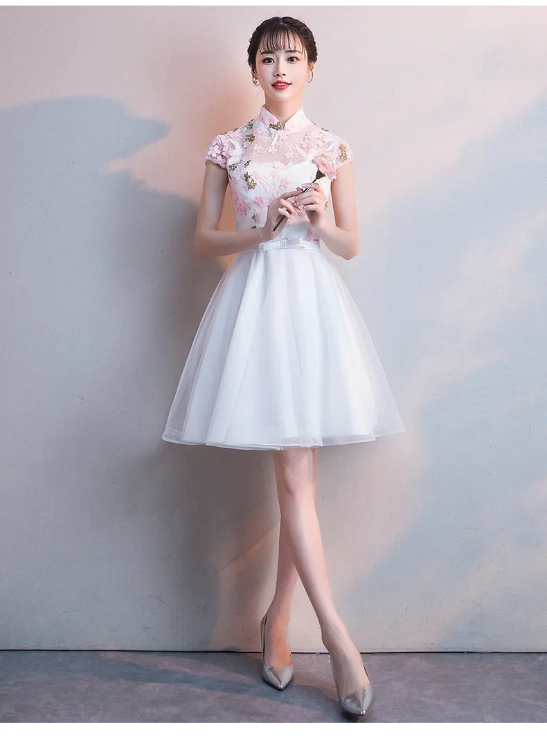 White Lace and Tulle High Neckline Short Graduation Dresses, Lovely White Short Party Dresses