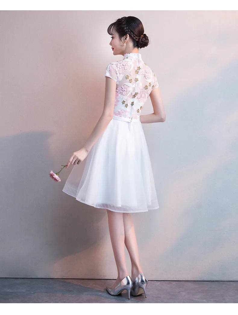 White Lace and Tulle High Neckline Short Graduation Dresses, Lovely White Short Party Dresses