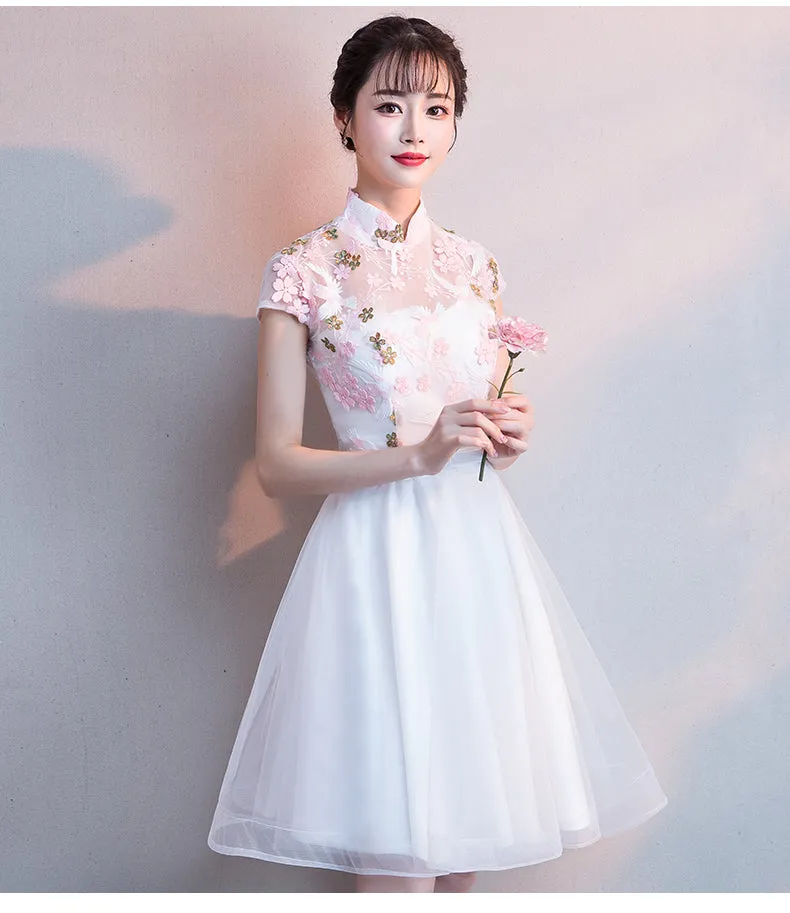 White Lace and Tulle High Neckline Short Graduation Dresses, Lovely White Short Party Dresses