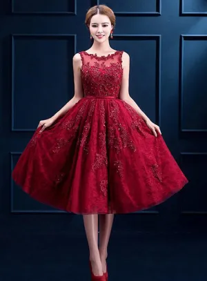 Wine Red High Quality Tulle with Lace Party Dress, Bridesmaid Dress