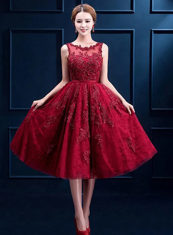 Wine Red High Quality Tulle with Lace Party Dress, Bridesmaid Dress