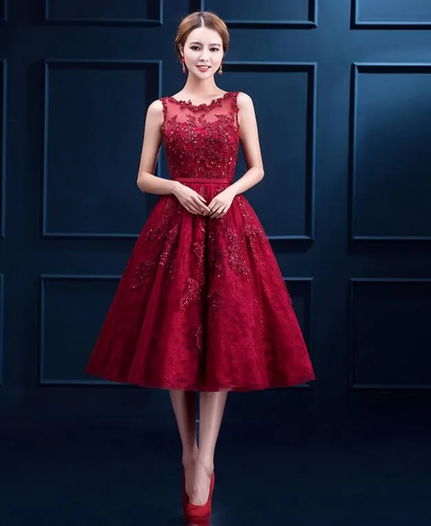 Wine Red High Quality Tulle with Lace Party Dress, Bridesmaid Dress