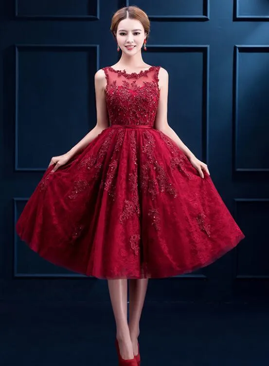 Wine Red High Quality Tulle with Lace Party Dress, Bridesmaid Dress